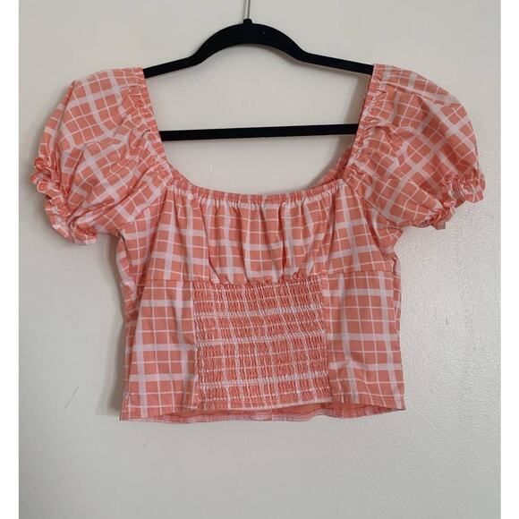 Pink Forever 21 Grid Print Puff Sleeve Crop Top S - Picture 5 of 5